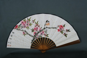 x9 一尺折扇【244】写意花鸟 国画 桃花小鸟 字画 手绘 有款