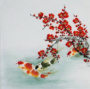 四尺斗方【13】工笔花鸟 国画 梅花红梅鲤鱼锦鲤 字画 手绘 无款