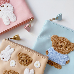 日系卡通可爱熊熊兔子植绒贴布零钱包随身便携女生私物小包PU卡包