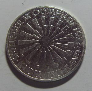 德国1972年 10马克 慕尼黑奥运会 - 螺旋符号 纪念 银币 德意志 g