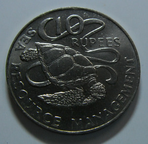 塞舌尔 1977年 10卢比 【 绿蠵龟 】 ，大镍币