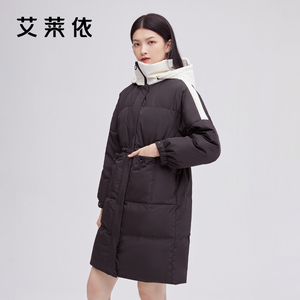 【直播】艾莱依羽绒服女冬季连帽时尚拼接中长款保暖防风连帽外套