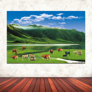 山水风景画大海报定制辽阔大草原牛羊蓝天白云绿水青山墙挂画贴画