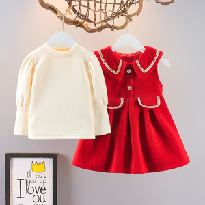 女童加绒连衣裙秋冬新款洋气公主裙婴幼儿拜年服红色背心裙两件套