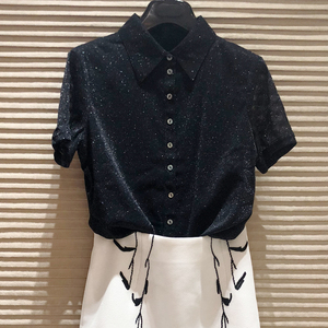 正品哥弟新款专柜女装2020夏季修身上衣polo衫翻领亮丝短袖衬衫女