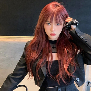贝儿长卷发透气高温哑光丝全头套时尚齐刘海假发女玫瑰红微卷卷发