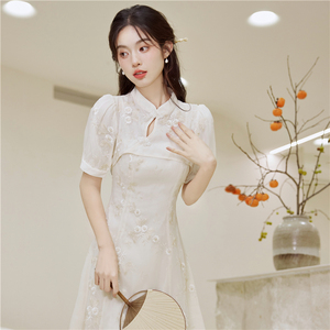 绝美改良旗袍民国大小姐千金感日常可穿新中式穿搭纯色刺绣连衣裙