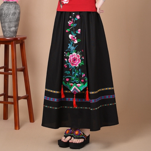 2023春秋新款民族风女装棉麻半身裙复古中国风绣花中长款大摆裙子