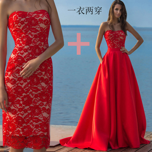 2023新款两件套婚纱大红色敬酒服蕾丝领证小礼服可拆卸拖尾晚礼服