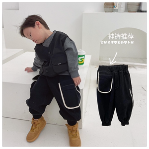 西贡a猫 儿童秋季童裤儿童休闲长裤男童黑色大口袋收脚萝卜裤新款
