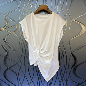 小资西西半袖不规则褶皱圆领t恤女欧美夏新款设计感小众 上衣6bb