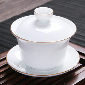 白瓷三才盖碗单个泡茶盖杯陶瓷带盖茶杯盏功夫茶具套装大号泡茶碗