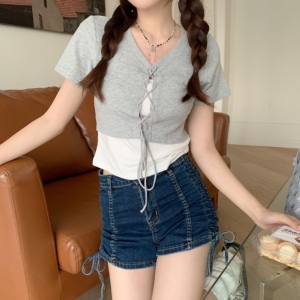 半球上衣打野神器女v领短袖t恤2022夏假两件短款上衣户外免脱女装