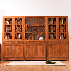 新中式全实木书柜组合雕花储物柜办公室文件柜仿古带门书橱置物柜