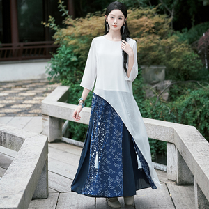 春秋新中式女装复古百搭不对称中袖衬衫提花刺绣裙两件套禅茶服