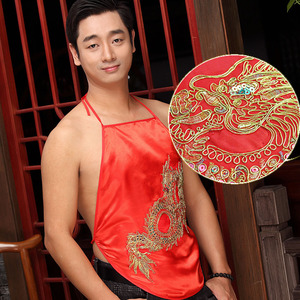 礼物男士情趣性感肚兜式内衣龙图案古典民族风大红兜兜元旦演出服