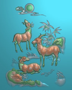 三阳开泰动物羊生肖三羊开泰精雕图浮雕灰度电脑雕刻玉雕木雕jdp