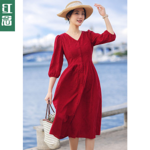 连衣裙女秋季2021年新款女装收腰显瘦纯棉裙子红念服饰旗舰店169