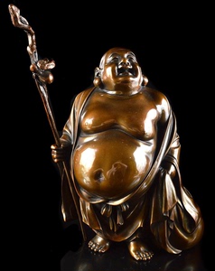 金工师陸珉作布袋和尚铜立像置物 日本购入古董铜佛像 弥勒佛铜像