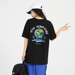 nowscore 潮牌地球图案环绕字母印花圆领宽松短袖t恤夏季 男女款