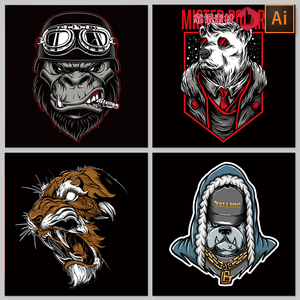 各种凶猛图腾动物头像美式摇滚朋克插画酒吧装饰画海报设计素材