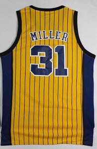 步行者队31号雷吉米勒球衣复古网眼刺绣黄白蓝条纹米勒篮球服背心