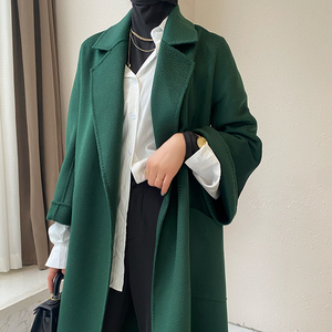 传世之作定染奢华祖母绿色水波纹双面羊毛大衣女羊绒毛呢高端外套