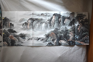 美奇画院小六尺1.8*0.7米山水纯手绘国画字画水墨瀑布