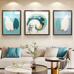 客厅装饰画三联沙发背景墙立体羽毛壁画孔雀现代简约高档温馨挂画