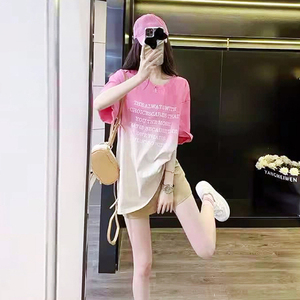 纯棉粉色短袖t恤女宽松2024新款设计感小众 洋气独特中长款体恤衫