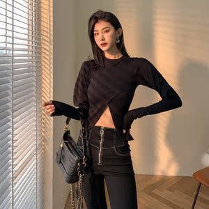 设计感鸡腿袖高腰上衣2021春泡泡袖开衩上ns小众显瘦短款长袖t恤