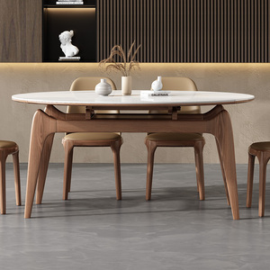 岩板餐桌椅组合现代简约家用折叠方变圆形伸缩实木猫耳朵吃饭桌子