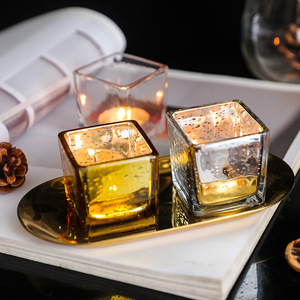北欧简约现代方形玻璃烛台浪漫烛光桌面晚餐酒吧咖啡厅聚会摆件