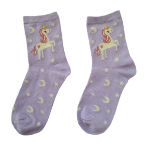儿童袜子女童秋冬季保暖棉袜淡紫色可爱卡通小马小孩宝宝短筒短袜