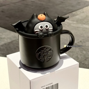 星巴克23万圣糖果节日礼物可爱蝙蝠装扮黑猫带盖陶瓷喝水马克杯子