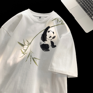 竹子熊猫短袖男夏季新中式国风上衣潮牌大码丅血320克重磅纯棉t恤