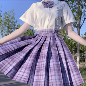 现货【葡萄汽水】紫格jk制服裙 正统日系高腰格裙百褶裙 送领结