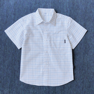 男童格子短袖衬衫夏季女童半袖学生班服儿童校服蓝色双线格子衬衣