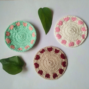 纯手工编织棉线爱心杯垫隔热垫 圆形垫子 成品 4个包邮