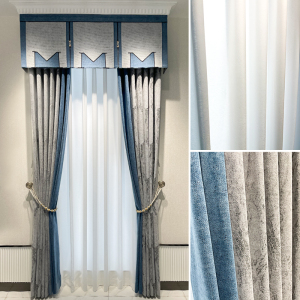 现代简约新中式美式绒布提花灰色拼接蓝色客厅卧室遮光隔热窗帘