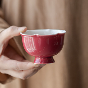 胭脂红手工花型主人杯功夫茶杯陶瓷家用品茗杯脚个人专用