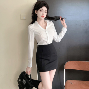 春季女款性感修身衬衫包臀裙jk套装制服职业工作服时尚气质两件套