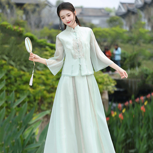 夏新中式民国风禅意女装茶服汉元素唐装上衣两件套文艺轻汉服套装