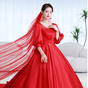 婚纱孕妇新娘高腰遮肚2021新款大红色主婚纱大码胖mm遮手臂泡泡袖