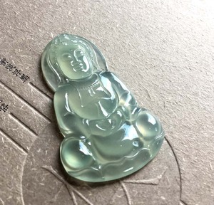 缅甸a货翡翠 冰种晴水观音 男士玉观音挂件 翡翠观音吊坠