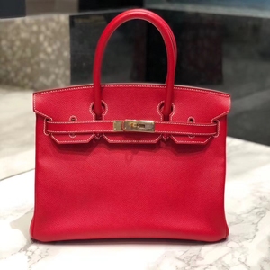 二手品98新爱马仕hermes birkin30红色金扣epsom铂金包手提女包