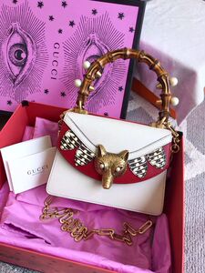 二手品 99新gucci走秀款狐狸刺绣竹节手柄白色单肩手提女包