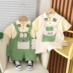 婧麒男童夏季套装背带裤夏装两件套儿童短袖薄款宝宝可爱洋气童装
