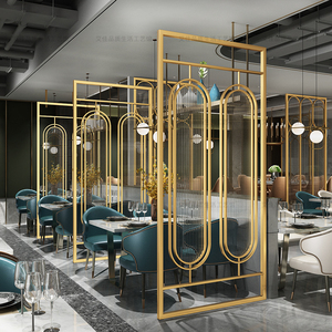 现代办公餐厅饭店卡座围栏隔断墙轻奢不锈钢屏风铁艺长虹玻璃玄关