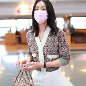 modg春秋新款刘雯明星同款复古气质v领针织开衫撞色提花毛衣外套